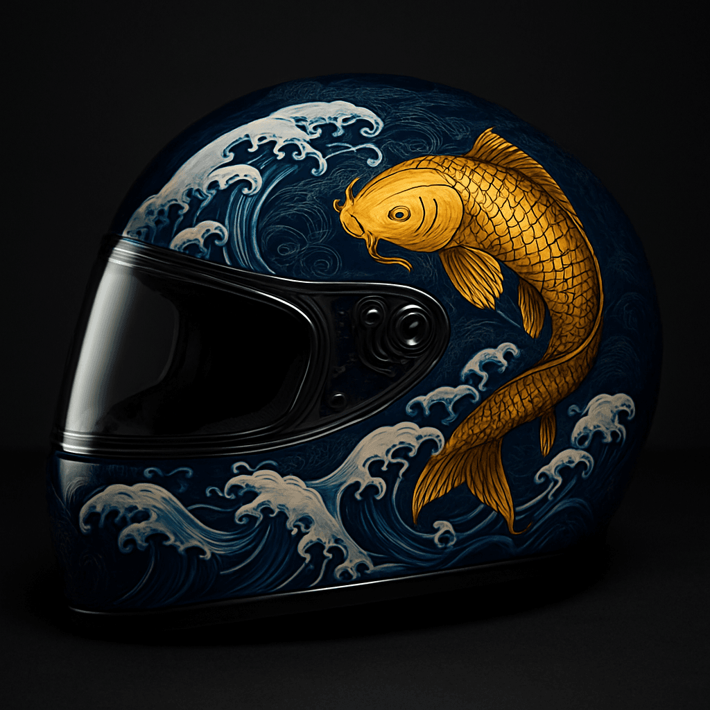Japon irezumi tarzı dalga desenli özel boyalı kask